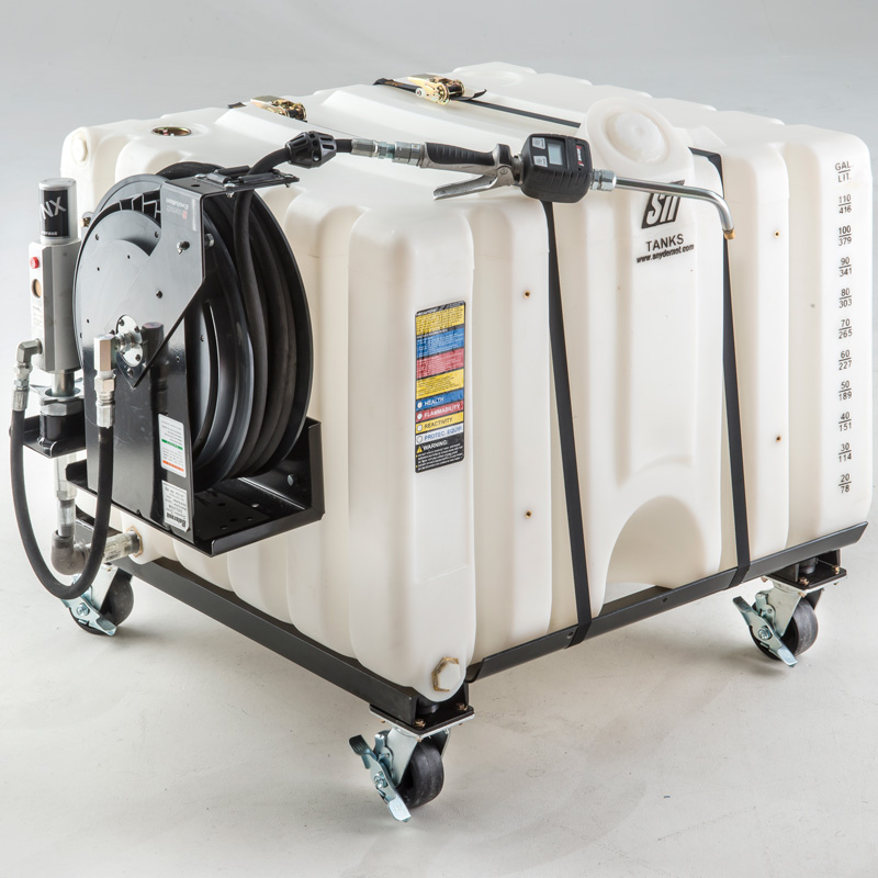 4 In. Caster Kit Assembly Shown with 120 Gal. Cubetainer, Stand Base and Side Mount pump kit
